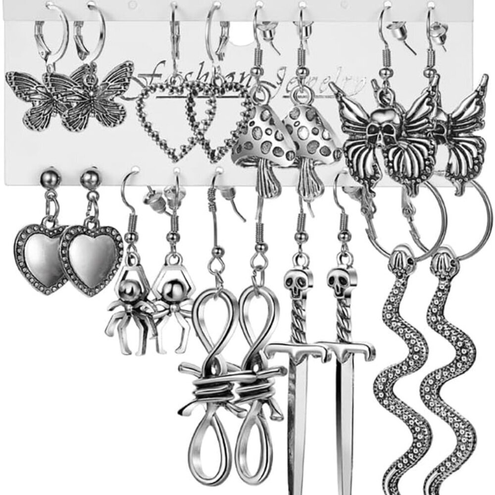 Gothic Earrings Set, Metal Punk Goth Vintage Silver Snake Spider Butterfly Dagge